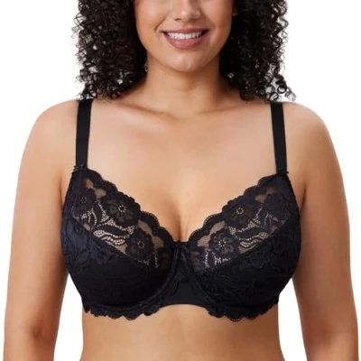 Imagen de DELIMIRA Sujetador Talla Grande con Relleno Aros Copas de Encaje para Mujer Negro 110J