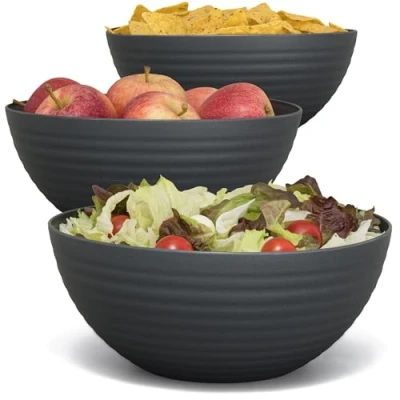 Imagen de Hausfelder Juego de 3 cuencos 3,3 litros, cuenco para servir, aperitivos, ensaladera, grande, irrompible, apto lavavajillas, plástico sin BPA (antracita negro)