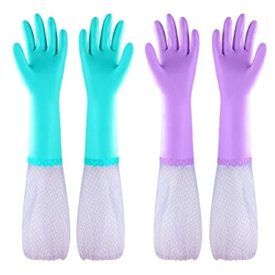 Imagen de guantes de goma para el hogar largos limpieza reutilizables, impermeables sin látex con forro algodón, lavar platos cocina, baño, jardinería (azul+morado, 2 pares)