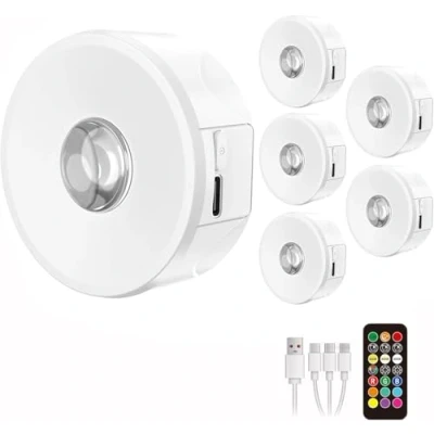 Imagen de Luces LED Armario 2000mAh Recargable, Vankarr 1800 6000K Regulable Luz Vitrina RGB con Control Remoto, Temporizador, para Armario, Vitrinas, Cocina, Juego de 6