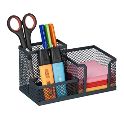 Imagen de Relaxdays Organizador Escritorio, 3 Compartimentos, Diseño Rejilla, 10 x 18,5 9,5 cm, Soporte Bolígrafos, Antracita, Acero