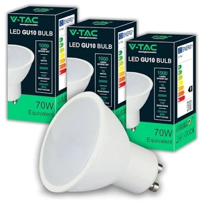 Imagen de V TAC 3x Bombillas LED GU10 Alta Luminosidad 10W (Equivalente a 70W) 1000 Lumen Cubierta Satinada Bombilla Máxima Eficiencia y Bajo Consumo Paquete de 3 3000K Blanco Cálido