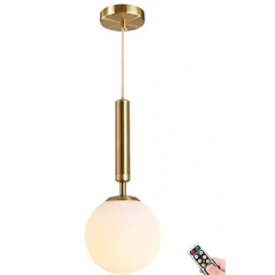 Imagen de ZOBRO Colgante inalámbrico que funciona con pilas control remoto y bombilla regulable, lámpara de techo no cableada, pantalla globo vidrio esmerilado blanco, isla ajustable,