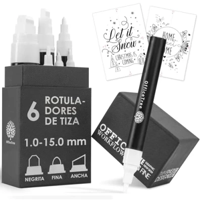 Imagen de OfficeTree 6x Rotulador Tiza Liquida Blanca Puntas Intercambiables de 1mm a 15mm Blanco Pizarra Negra