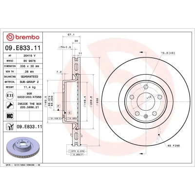Imagen de BREMBO 09.E833.11 Disco de freno 338 30 5 ventilación interna revestido altamente carbonizado con tornillos