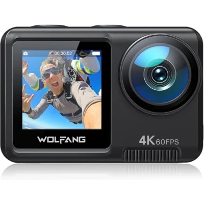 Imagen de WOLFANG GA420 Cámara Deportiva Doble Pantalla 4K 60FPS 24MP, 10M Cuerpo/40M Impermeable, WiFi Webcam Videocámara Subacuática, Micrófono Dual, Control Remoto, EIS, 2x1350mAh Baterías,Accesorios