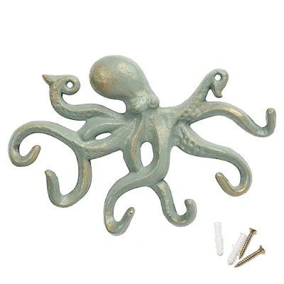 Imagen de ChasBete Gancho Pared de Pulpo, Colgador Hierro Rústico, Perchas con 6 22cm Verde Dorado