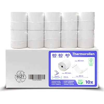 Imagen de SWIPARO papel térmico 80x80 Rollo para impresora termica Rollos de tickets 80mm 80x80x12 caja registradora negocio y bar (10 ud.)