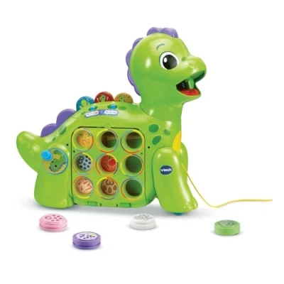 Imagen de VTech Dinosaurio glotón infantil Cuenta y aprende, Juguete de arrastre para niños +1.5 años, Aprende a contar, 9 piezas comida que enseñan vocabulario, Versión ESP