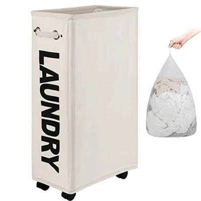 Imagen de DOKEHOM 29 Inches Bolsas Cestos para la colada Con Ruedas, Gran servicio de lavandería, plegable bolsa lavado ropa Bin (Beige, L)