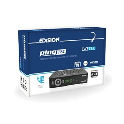 Imagen de Edision Ping T2/C Receptor Terrestre TDT &amp; por Cable DVB H.265 HEVC Full HD PVR, 2xUSB, HDMI, SCART,LAN, S/PDIF, Sensor IR, RS232, Soporte USB WiFi, Mando a Distancia Universal 2en1, Negro