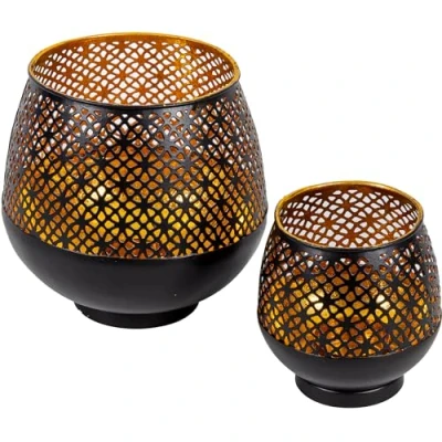 Imagen de Gadgy Portavelas Negro Dorado de Mesa 2 Piezas Metal con Ornamentos Decorativo Decoración 10 x 9 cm &amp; 16 15