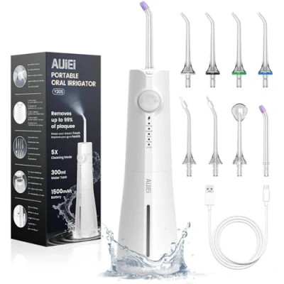Imagen de AUIEI Irrigador Dental, Bucal Portatil Inalámbrico Profesional 8 Boquillas 5 Modos, USB Recargable Para Limpieza de Dientes, IPX7 Impermeable 300ML, Hogar y Viajes (Blanco)