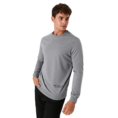 Imagen de Trendyol Crew Neck with Slogan Regular Sweatshirt Sudadera, Gris, S para Hombre