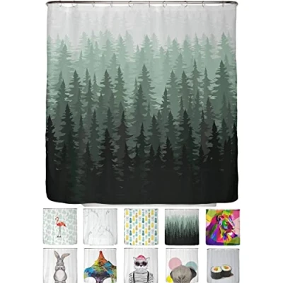 Imagen de arteneur® Cortina de ducha antimoho, 200 x cm, material reciclado, Öko Tex Standard 100, dobladillo con peso, opaca, impermeable, lavable, 12 anillas, libro electrónico, bosque abetos