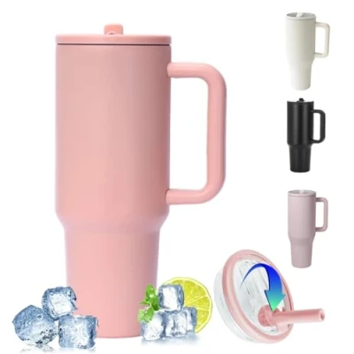 Imagen de ZHUIYIWIN Taza Termo Cafe Para Llevar 30oz, Vasos Termicos con Asa,Taza Pajita Y Asa, Vaso Termico Sin BPA, Travel Mug de Acero Inoxidable Reusable, Rosa