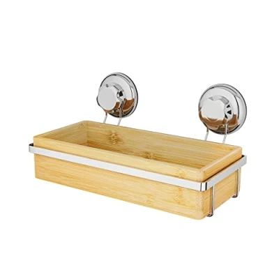 Imagen de Compactor Estantería para el baño, Fijación con ventosas, Hasta 12 kg, Bambú y Acero cromado Antioxidante, 27.6 x 14.8 H.12.7 cm, RAN5807, CROMO, No aplicable