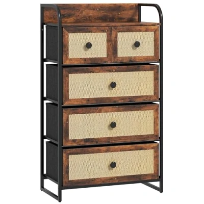 Imagen de HOMCOM Cajonera de Tela Cómoda para Dormitorio con 5 Cajones Frentes Ratán y Marco Acero Mueble Organizador Sala Estar 58x29x99 cm Marrón Rústico