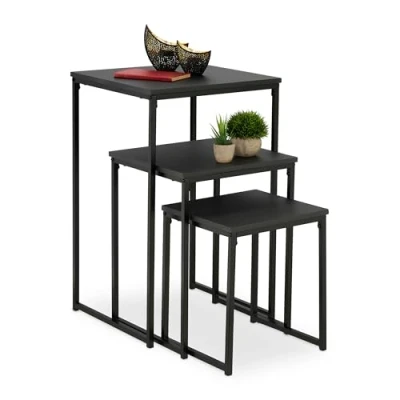 Imagen de Relaxdays Mesas Auxiliares, Pack de 3, Mesitas Salón, 3 Tamaños, Diseño Nido, Metal, Cuadradas, Decorativas, Negro, 76 x 46 cm