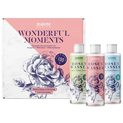Imagen de Agua de rosas Monte Nativo Set regalo mujer (3x200 ml) original, con aloe vera, ácido hialurónico Cosmética natural 100% para el Cuidado la piel facial