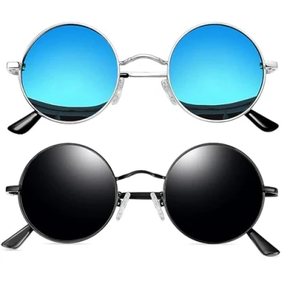 Imagen de Joopin Redondas Gafas de Sol Polarizadas Retro Vintage Círculo Metálico Hippie Steampunk para Hombres y Mujeres 2PCS (Negro+Azul)