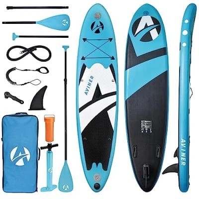 Imagen de Aviner Tabla Paddle Surf Hinchable 150KG MÁX, Set Tablas para Jóvenes y Adultos, Sup Board 305x71x15 cm, Remo Ajustable, Mochila Correa, Aleta Desprendible, Azul Claro