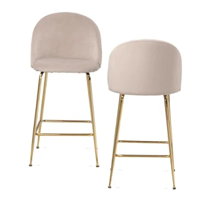 Imagen de Wohnling Juego de 2 taburetes bar terciopelo beige con respaldo y patas doradas, taburete cocina escandinavo tela/metal, 110 kg, diseño taburete, tapizados