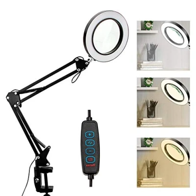 Imagen de Lámpara de Aumento 10X, Lampara con Lupa Escritorio LED Ajustable Luz Trabajo Regulable 3 Colores Brazo Plegable Giratorio