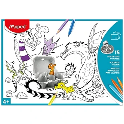 Imagen de Maped Set de Dibujo Manteles Individuales para Colorear Ideal Celebraciones con Amigos 15 Ilustraciones Diferentes Pintar Lápices Colores Formato A3