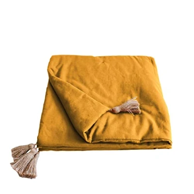 Imagen de Enjoy Home Edredón Amarillo Mostaza con 4 Pompones Yute 90 x 190 cm 100% algodón Certificado Oeko Tex Colección Panamá