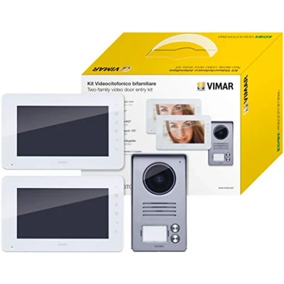 Imagen de Vimar K40931 Kit videoportero de superficie para 2 famillas con: videoporteros LCD 7in altavoz con teclado capacitivo, placa audio/vídeo botones, alimentadores, estribos fijación