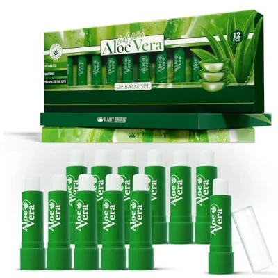 Imagen de Juego de 12 bálsamos labiales Aloe Vera larga duración, hidratante, cuidado los labios, unisex, Cera abejas, Vitamina E, Omega 3