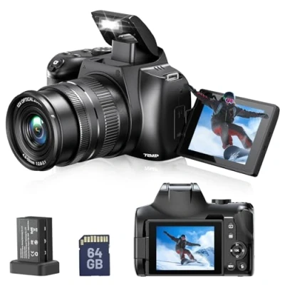Imagen de cámara Digital 4K, 72MP 3&quot; 270 Flip Screen 12X Zoom óptico Camera, Xenon Flash Anti Shake Vlogging para Youtube, compacta con WiFi y HDMI, Tarjeta SD de 64 GB, 2 baterías