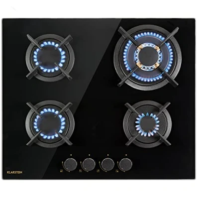 Imagen de Klarstein Cocina de Gas Butano, Placa 4 Fuegos 8000W, Vitroceramica Integrada para Cocina, Butano Diseño, Encimera Fogones con Base vidrio y Acero Inoxidable