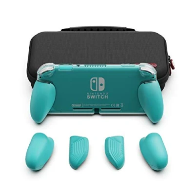 Imagen de Skull &amp; Co. GripCase Lite Bundle: A Comfortable Protective Case with Replaceable Grips [to fit All Hands Sizes] for Nintendo Switch [with Carrying Case] Turquoise