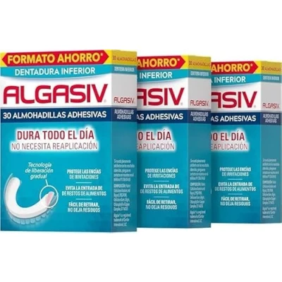 Imagen de Algasiv Almohadillas Adhesivas para Dentaduras Postizas Inferiores, Duran todo el día y protegen las Encías, Pack de 3 x 30 Unidades