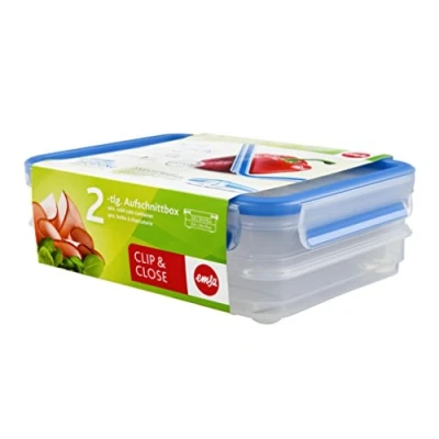 Imagen de Emsa Clip &amp; Close Aufschnittboxsystem, rechteckig, 2 x 0,6 L Caja para fiambres, litros, Transparente/Azul,