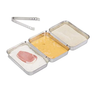 Imagen de Relaxdays Set para empanar, Tres bandejas de rebozar, Pinzas Cocina, Apilables, Apto lavavajillas, Plateado, Acero Inoxidable