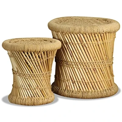 Imagen de vidaXL Set Taburetes 2 Piezas Bambú Yute Banco Silla Asiento Mueble Mobiliario