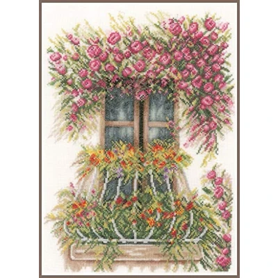 Imagen de Unbekannt Lanarte Kreuzstichset Fenster geschmückt mit Blumen, Zählmuster Kit de Punto Cruz con patrón números, Algodón, Blanc, 27.0 x 36.0 0,3 cm