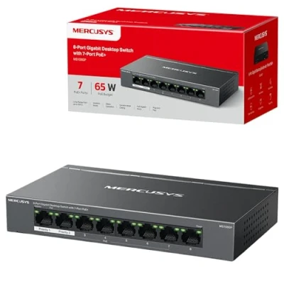 Imagen de MERCUSYS Switch Gigabit de computadora 8 puertos con PoE+ 7 puertos, PoE 65 W, compatible PDs 802.3af/at, gestión energía, carcasa metal, Plug &amp; Play, no requiere configuración