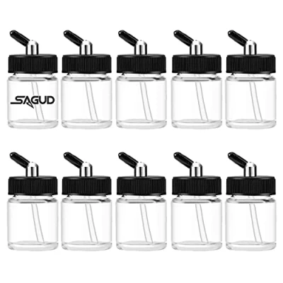 Imagen de SAGUD Juego de 10 Botellas Cristal para aerógrafo 20 CC con adaptadores Tapa sifón Doble acción