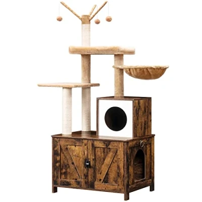 Imagen de HOOBRO Árbol Trepador para Gatos con Cajón de Arena, Mueble Arena Oculto, Casa Poste Rascador, Mordedor Desmontable Borlas, Marrón Rústico EFG15MZ03
