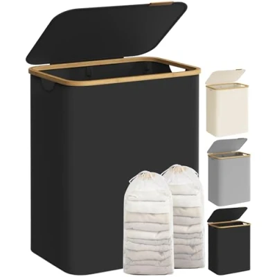 Imagen de SONGMICS Cesto de Ropa Sucia con Tapa, Gran Cesta Colada 2 Secciones, 130 L, Forro Malla Extraíble, Tejido Oxford, Asas Bambú, Plegable, 52 x 38,5 70,5 cm, Negro Tinta LCB513B01