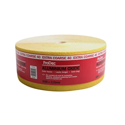 Imagen de ProDec Rollo de papel lija abrasivo óxido aluminio amarillo extra grueso grano 40 para lijar madera, pintura, yeso, relleno, metal y más, 115 mm ancho compatible con