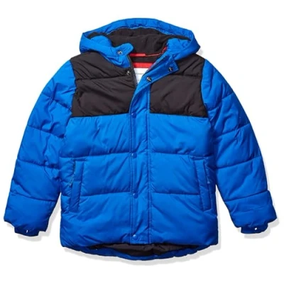 Imagen de Amazon Essentials Chaqueta Gruesa y Acolchada con Capucha Niño, Azul Cobalto Negro Bloque de Color, 9 años