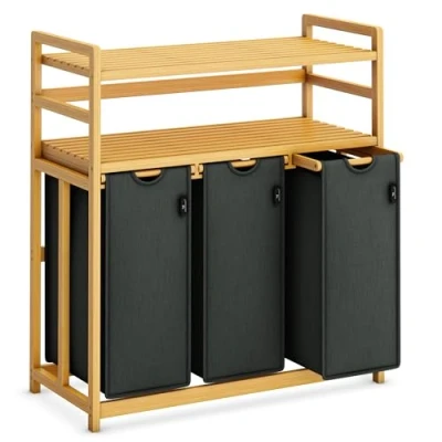 Imagen de AdelDream Cesto para la colada 150L 3 compartimentos 2 estantes extraíble y Gran capacidad color gris claro