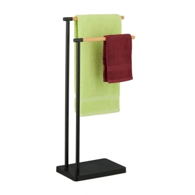 Imagen de Relaxdays Toallero de Pie, Porta Toallas Baño, Soporte con 2 Brazos, Acero Inoxidable, Bambú, Montaje Sin Taladro, Negro, 78 x 36,5 20 cm