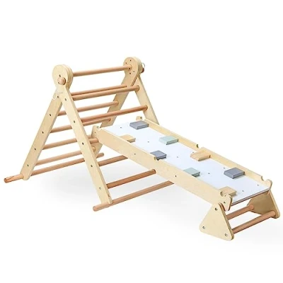 Imagen de Mamabrum Parque Infantil de Madera para Niños Madera, Triángulo, Escalera y Camino Equilibrio Juguete Multifuncional 3 en 1, Ajustable, Haya Pino