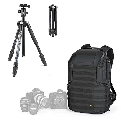 Imagen de Lowepro Element MII Camera, Trípode de viaje aluminio con cabezal bola para cámaras compactas, CSC, DSLR y mochila ProTactic 450AW II profesionales, drones, creadores contenido